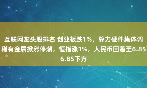 互联网龙头股排名 创业板跌1%，算力硬件集体调整，稀有金属掀涨停潮，恒指涨1%，人民币回落至6.85下方